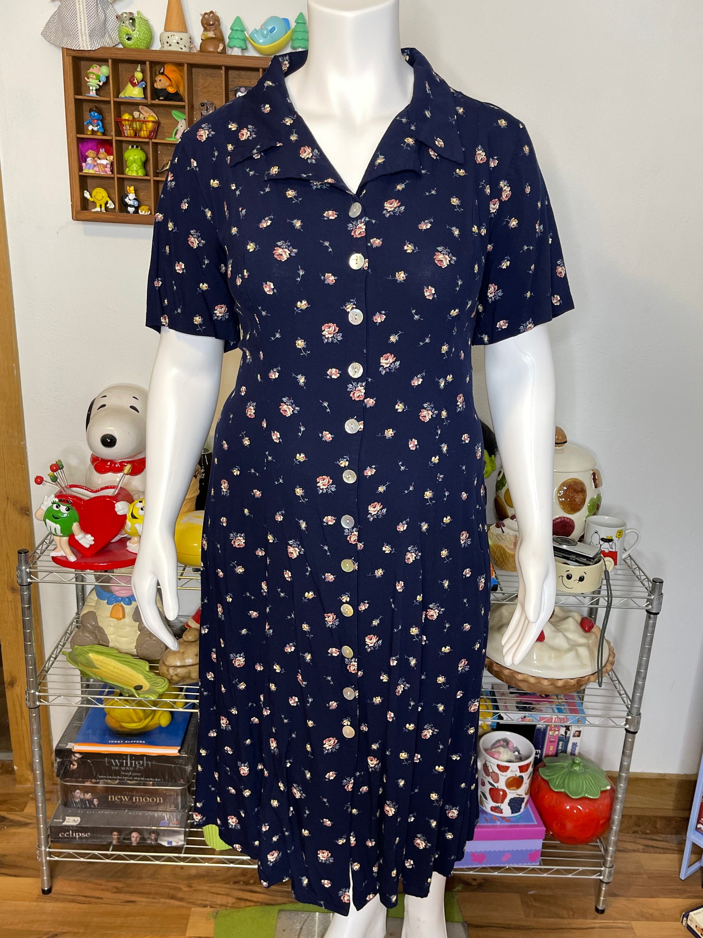 Vintage 90s Navy Blue Floral Button Down Maxi Dress Sz 20W