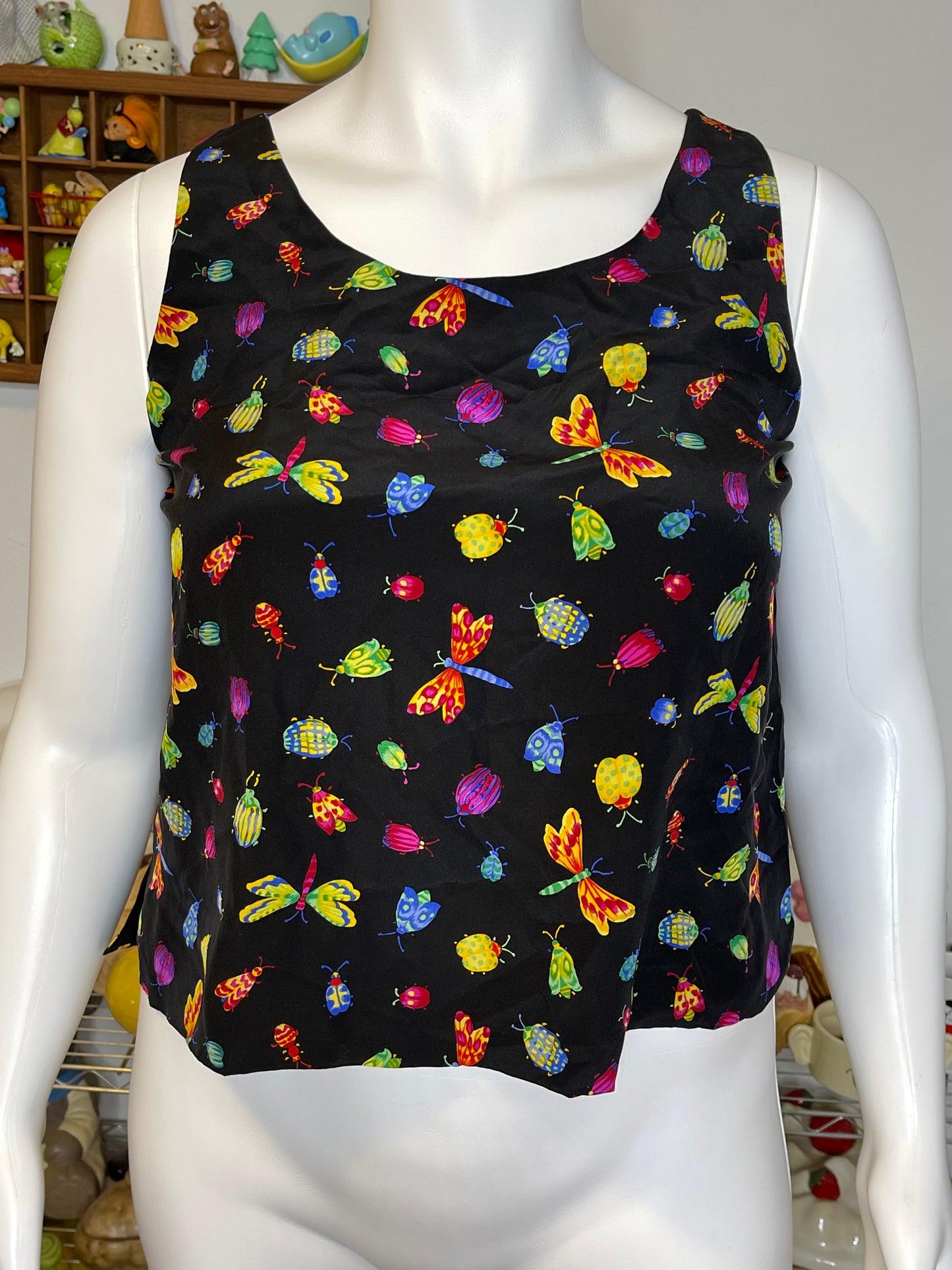 Vintage Colorful Bug Insects All Over Print Silk Tank Sz L