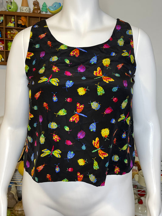 Vintage Colorful Bug Insects All Over Print Silk Tank Sz L