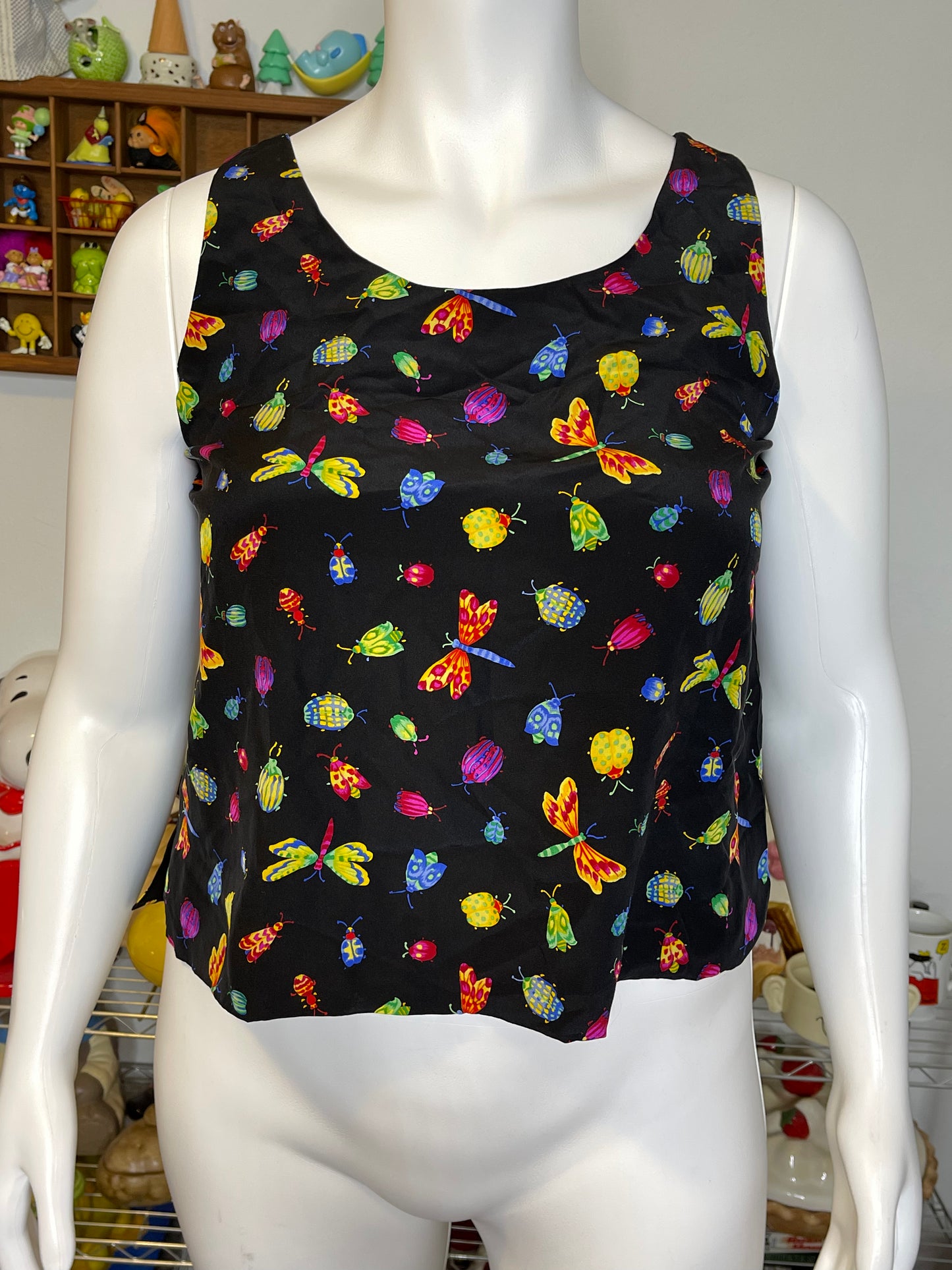 Vintage Colorful Bug Insects All Over Print Silk Tank Sz L