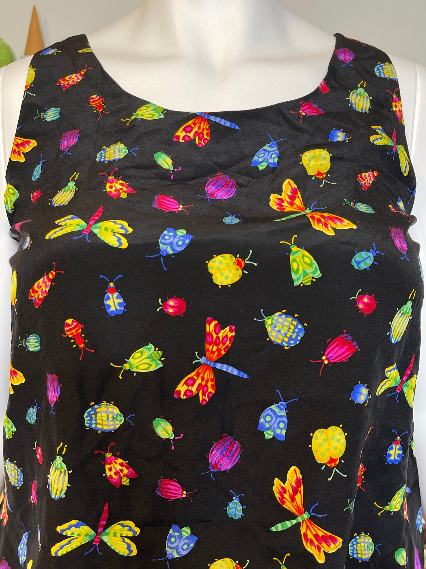 Vintage Colorful Bug Insects All Over Print Silk Tank Sz L