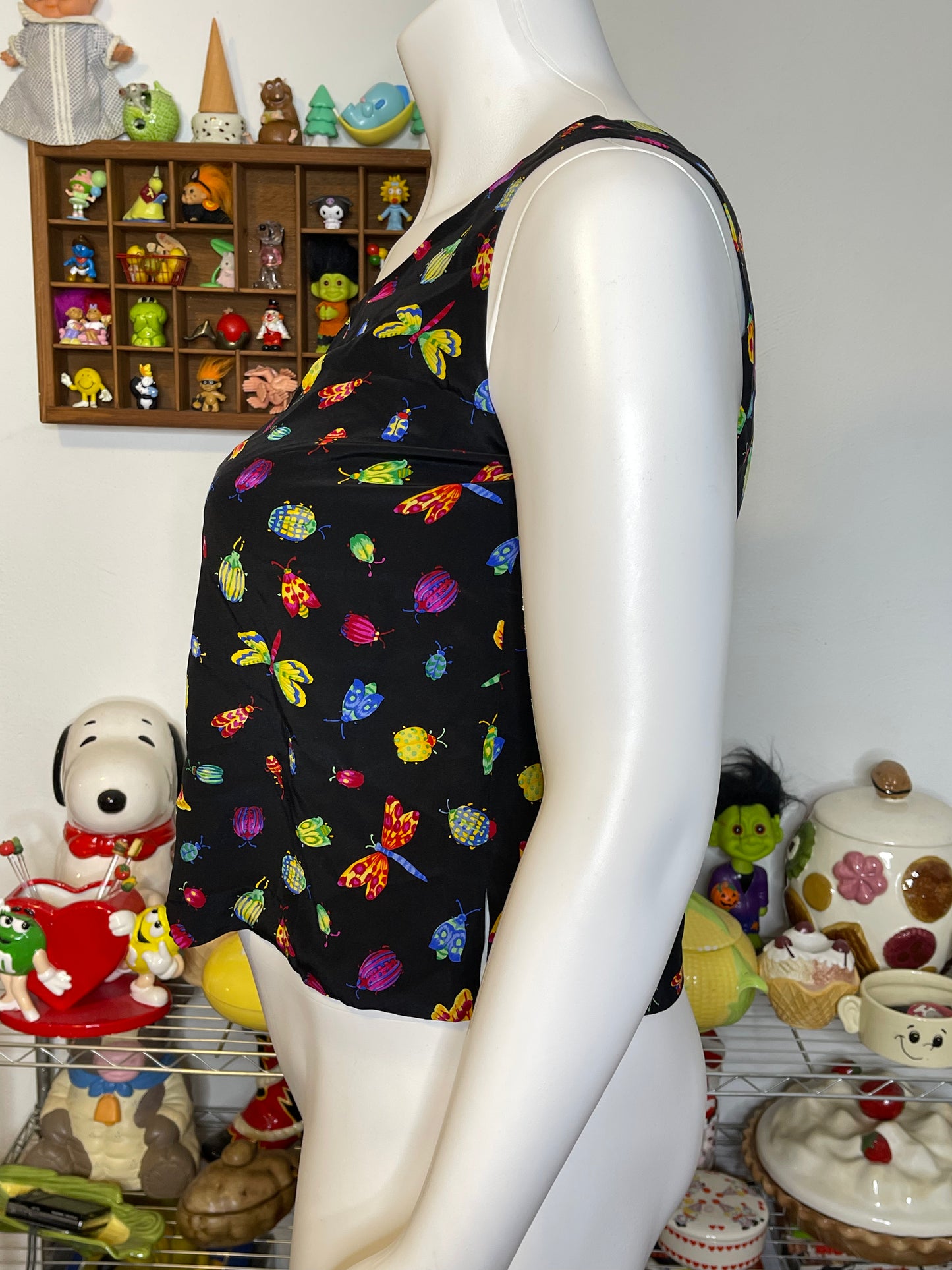 Vintage Colorful Bug Insects All Over Print Silk Tank Sz L