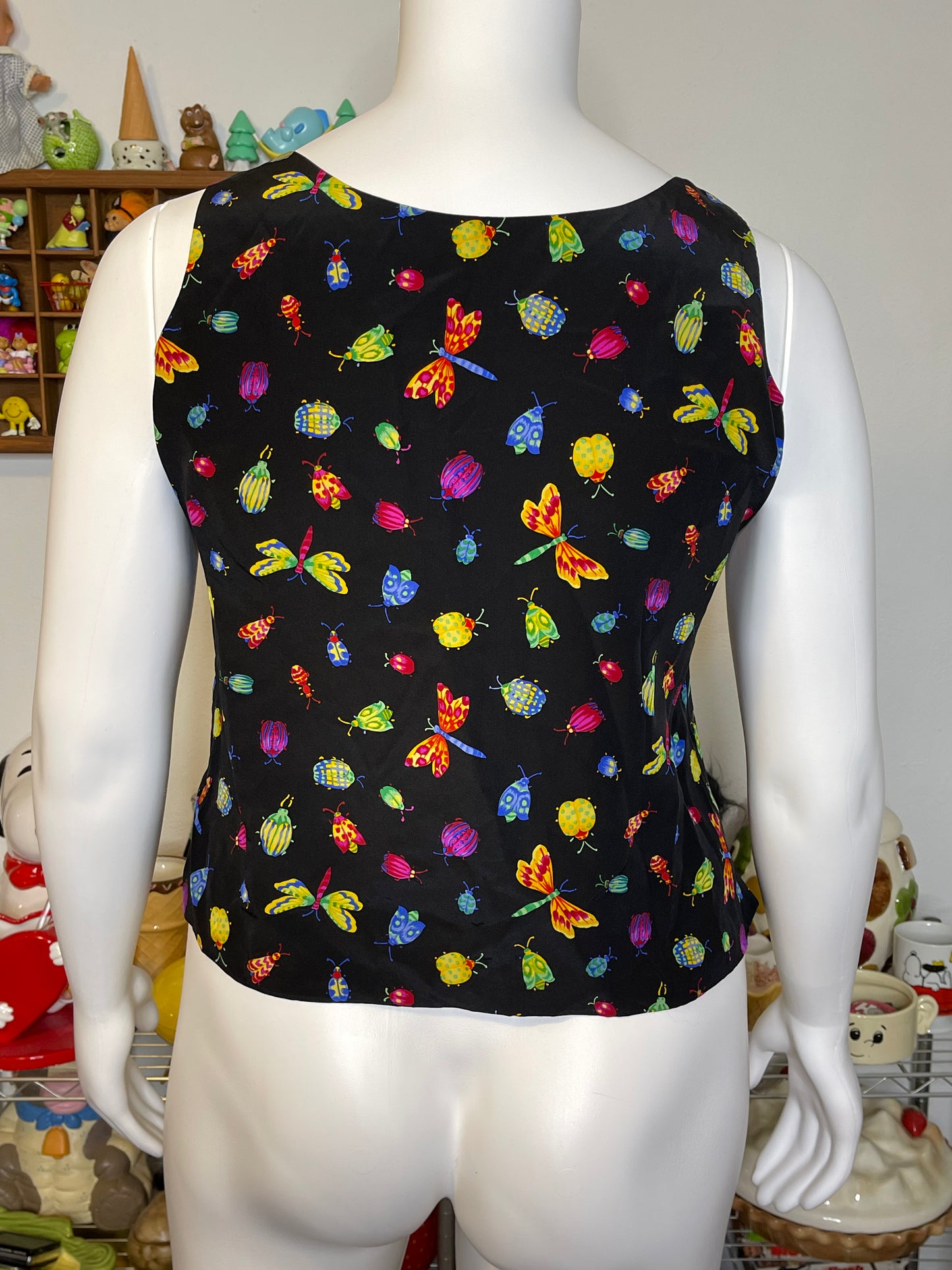 Vintage Colorful Bug Insects All Over Print Silk Tank Sz L
