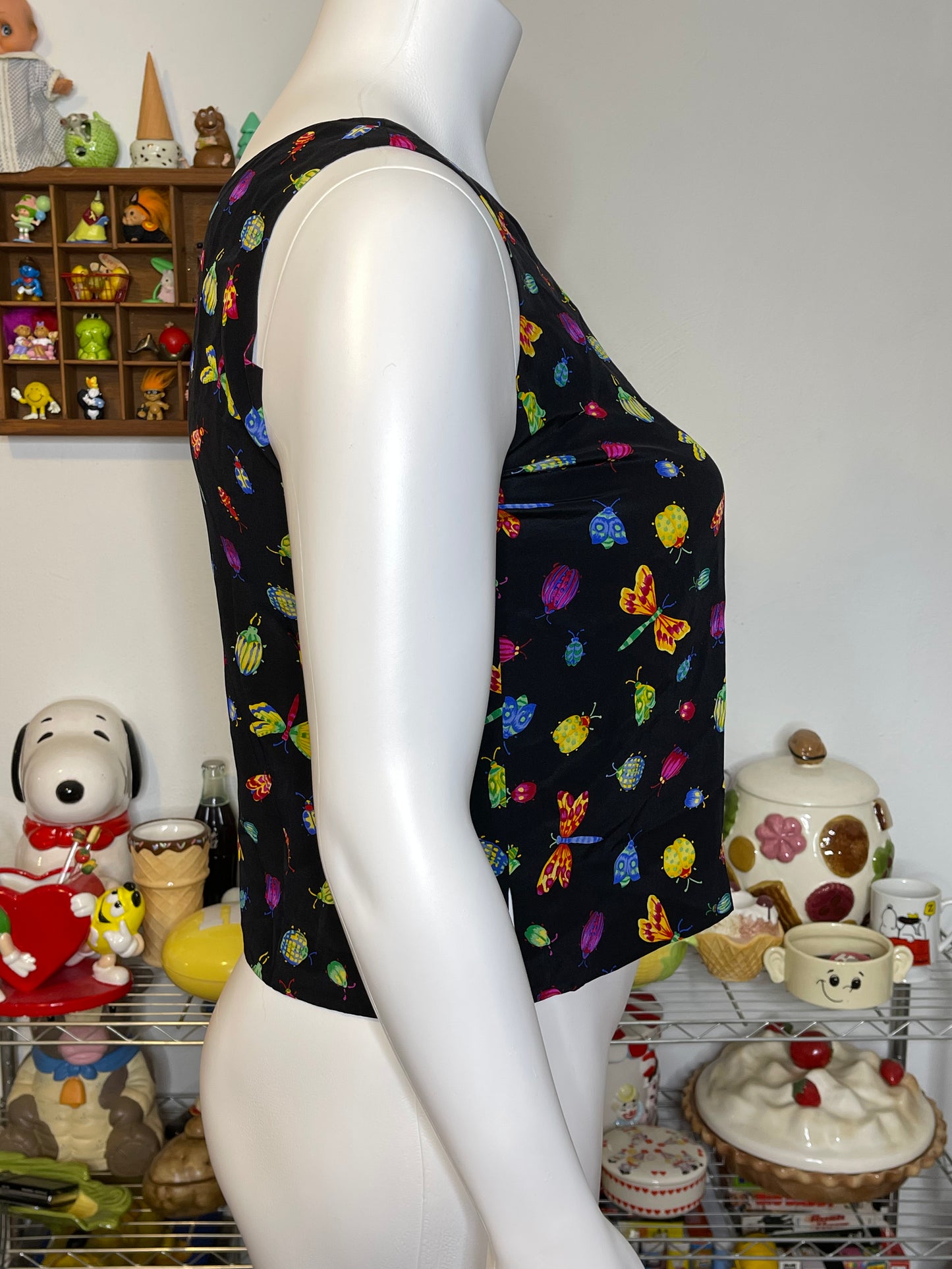 Vintage Colorful Bug Insects All Over Print Silk Tank Sz L