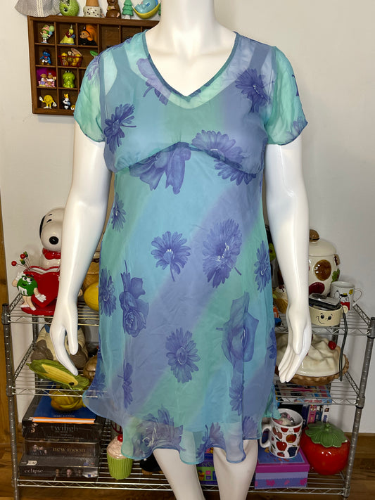 2000s Blue Sheer Flower Print Layered Midi Dress Sz 14/16