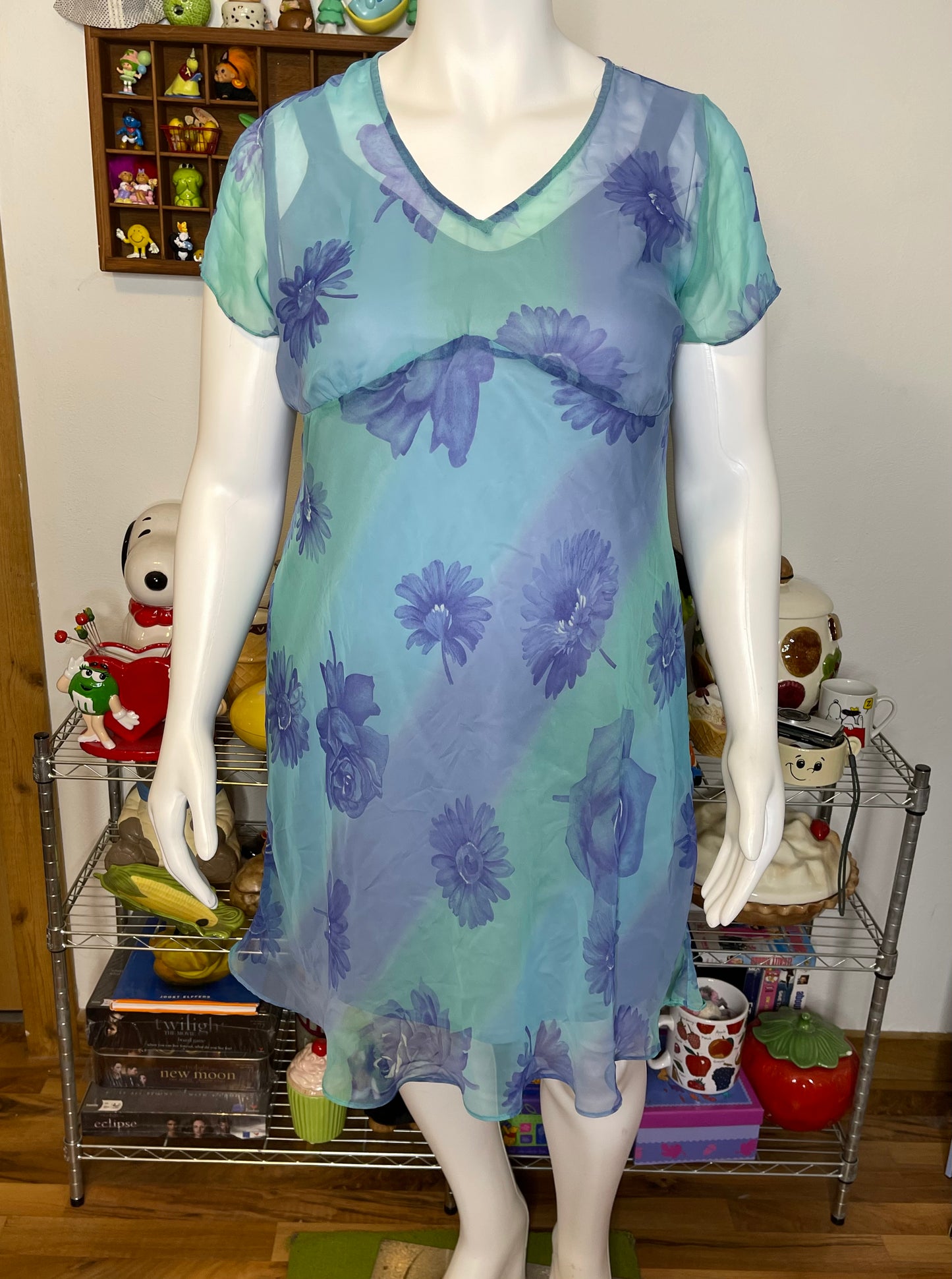 2000s Blue Sheer Flower Print Layered Midi Dress Sz 14/16