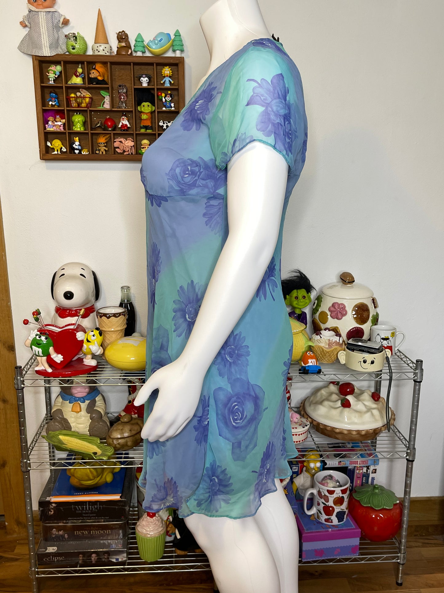 2000s Blue Sheer Flower Print Layered Midi Dress Sz 14/16