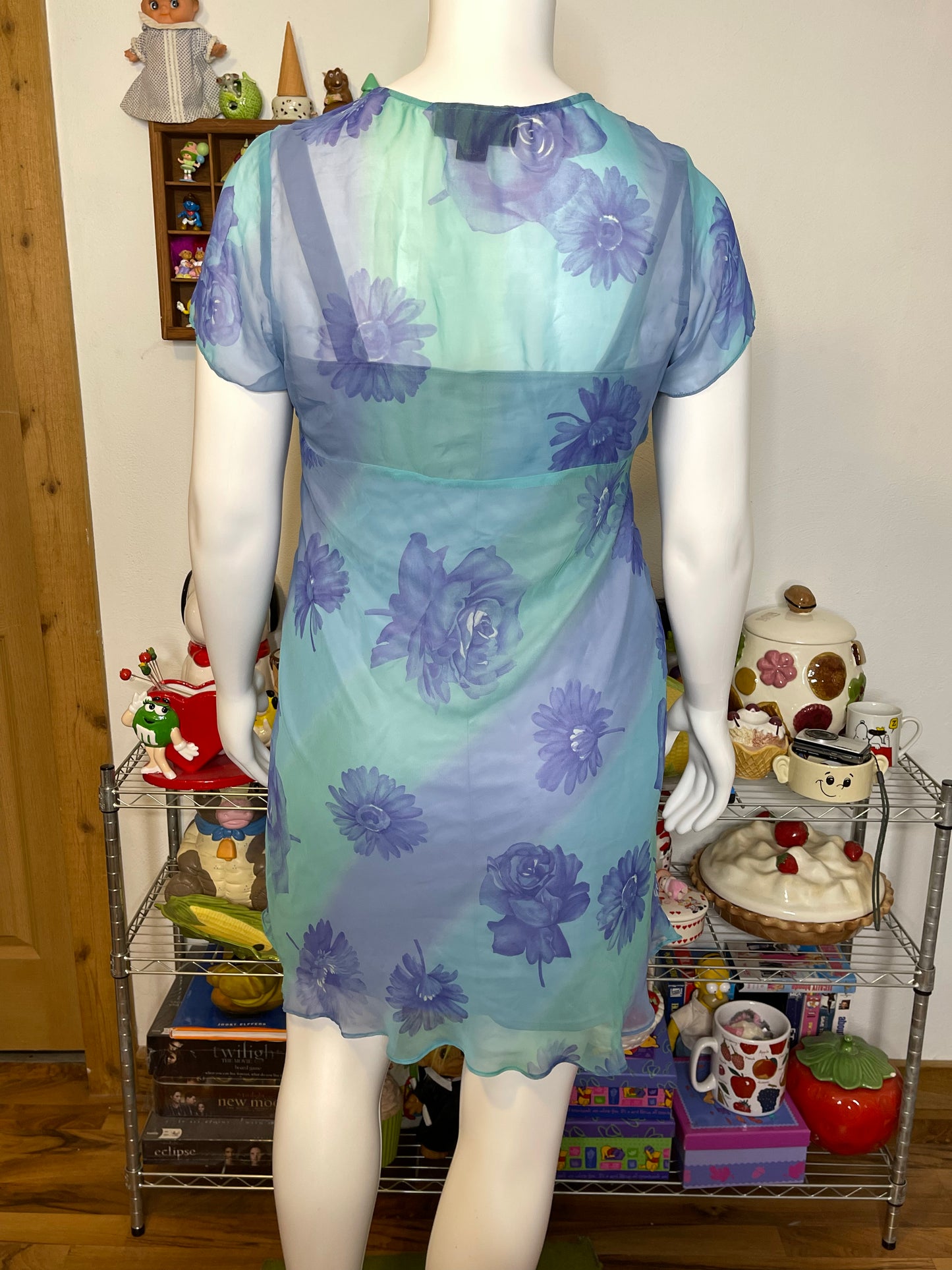 2000s Blue Sheer Flower Print Layered Midi Dress Sz 14/16