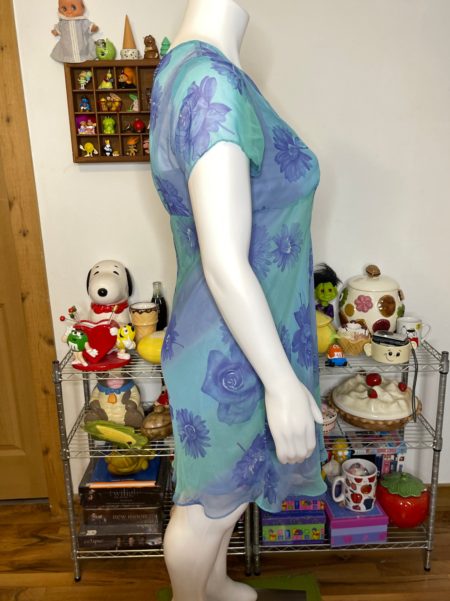 2000s Blue Sheer Flower Print Layered Midi Dress Sz 14/16