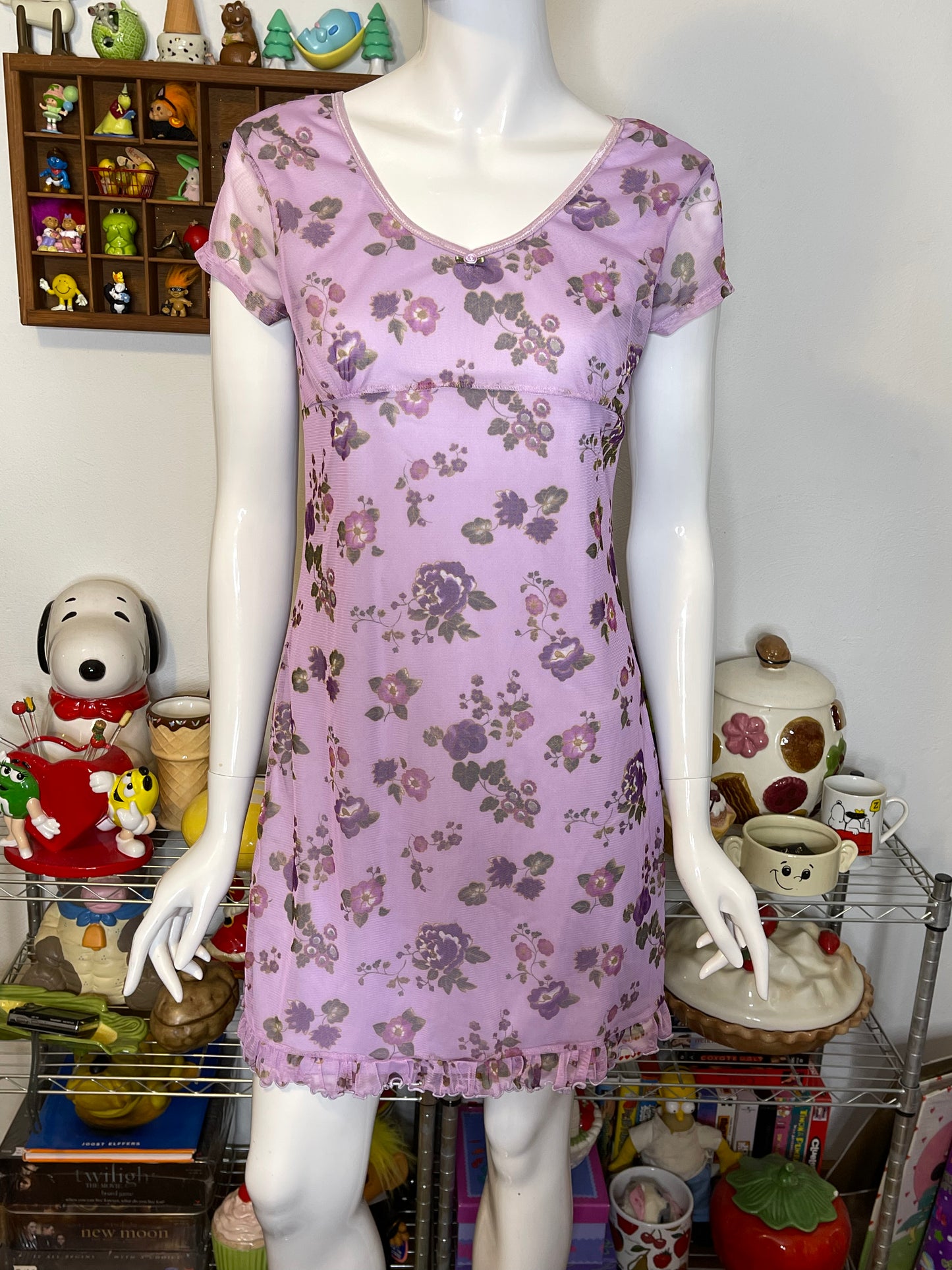Vintage 90s Purple Flower Mirco Mesh Layered Mini Dress Sz S/M