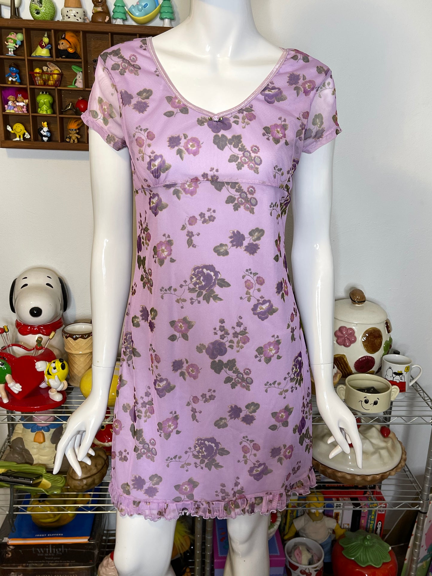 Vintage 90s Purple Flower Mirco Mesh Layered Mini Dress Sz S/M