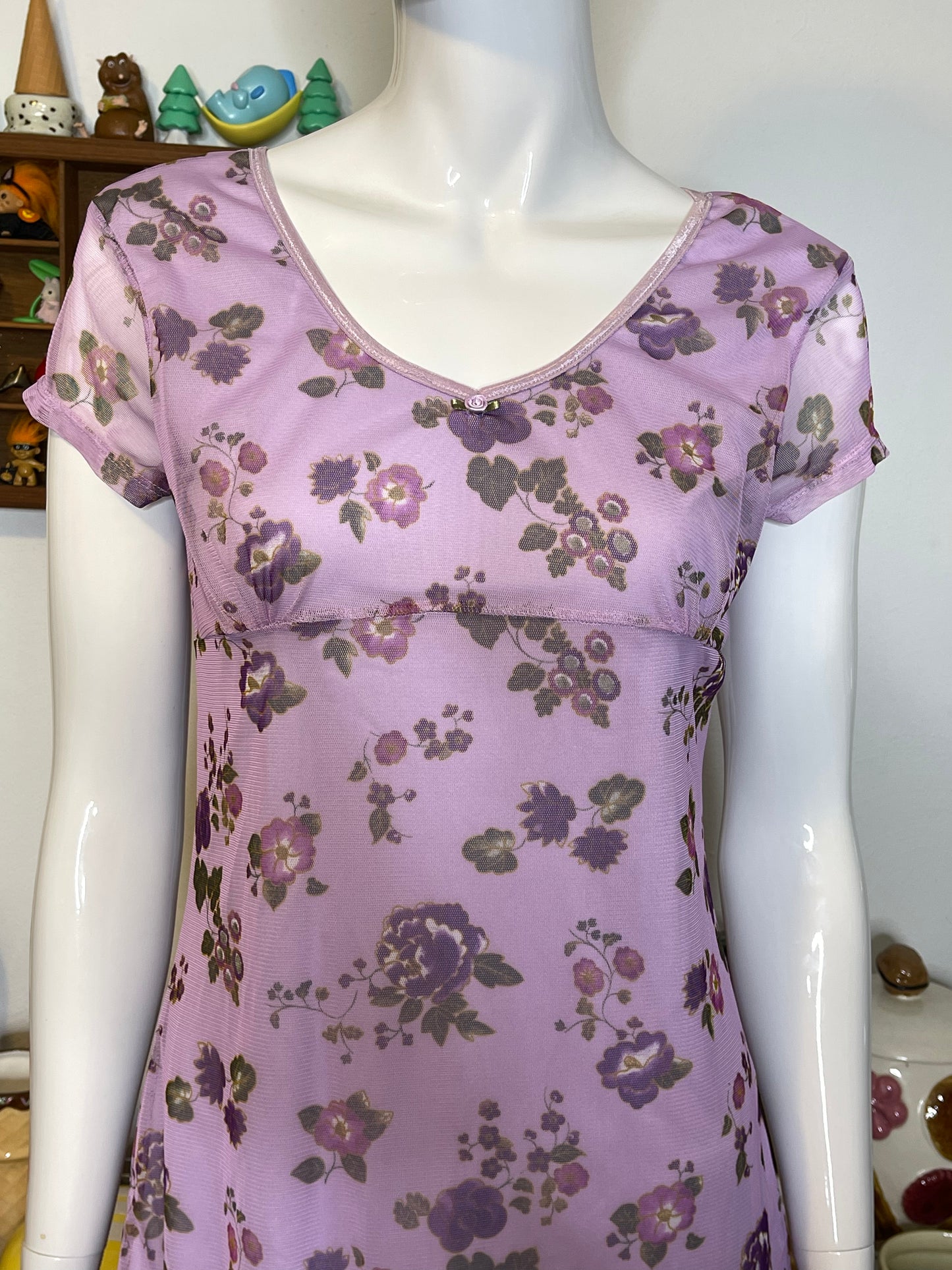 Vintage 90s Purple Flower Mirco Mesh Layered Mini Dress Sz S/M