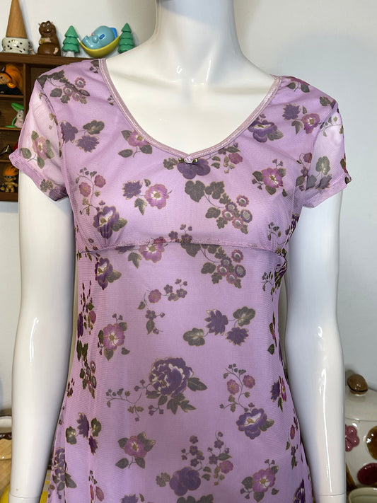 Vintage 90s Purple Flower Mirco Mesh Layered Mini Dress Sz S/M