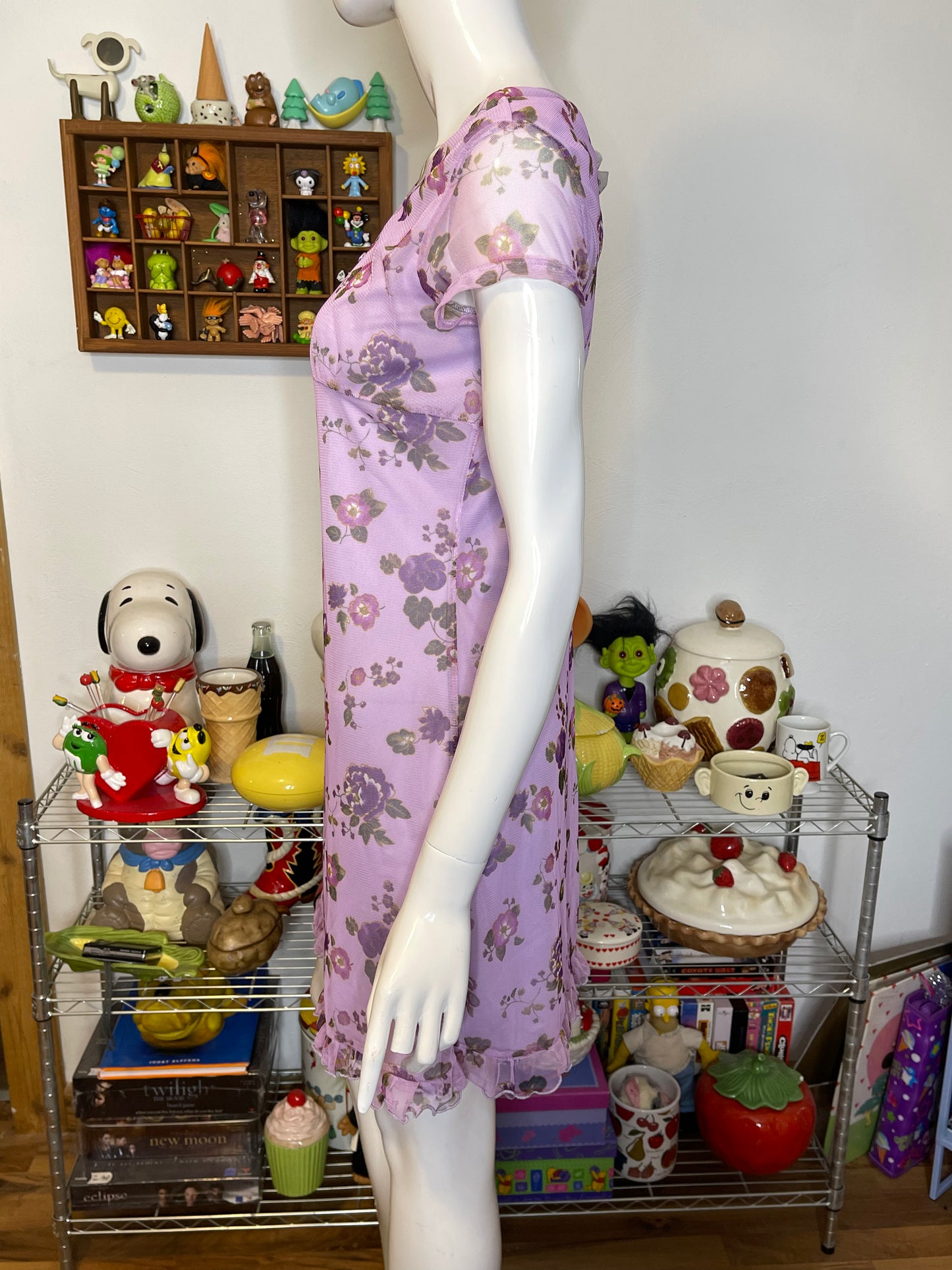 Vintage 90s Purple Flower Mirco Mesh Layered Mini Dress Sz S/M