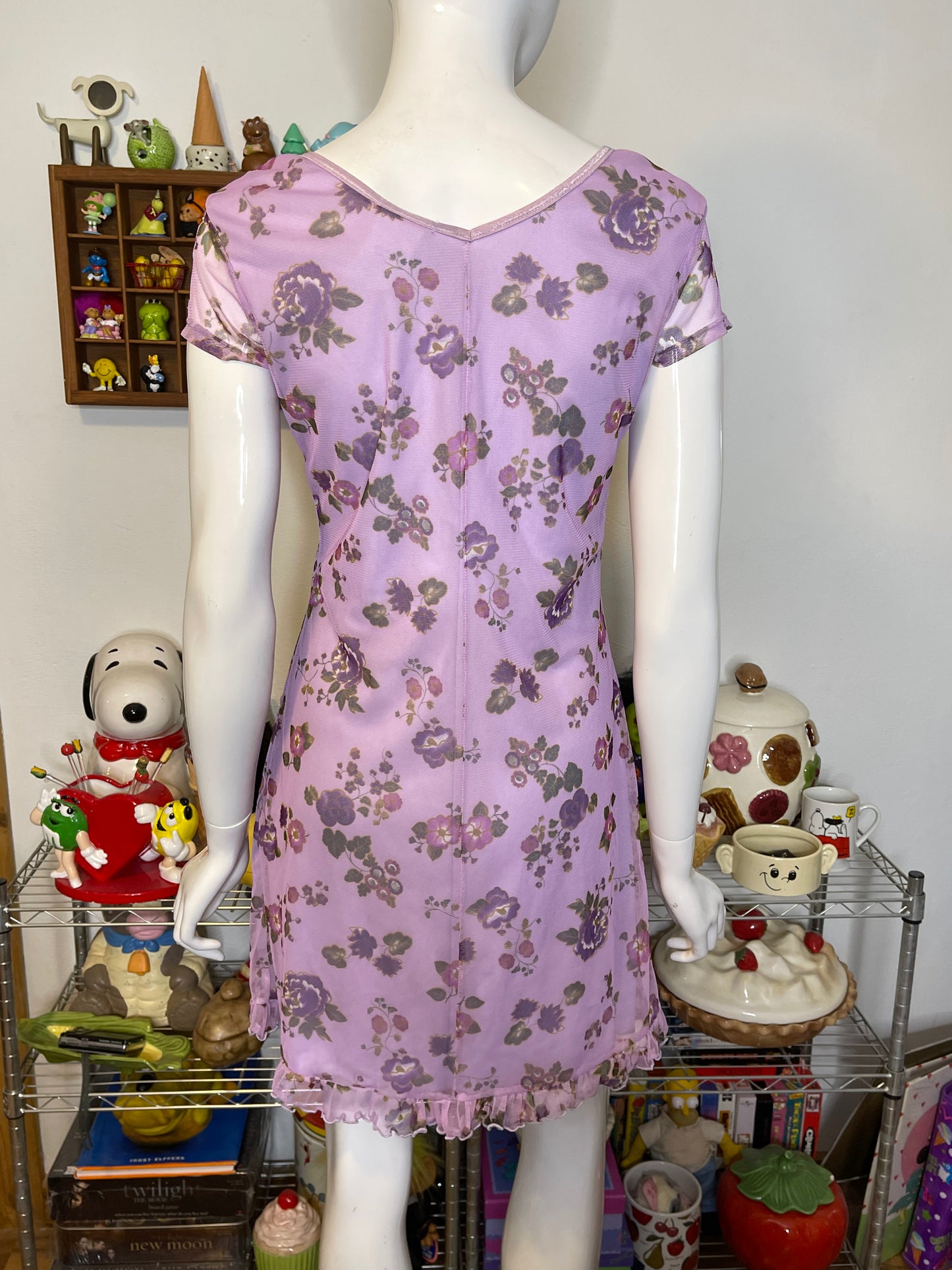 Vintage 90s Purple Flower Mirco Mesh Layered Mini Dress Sz S/M