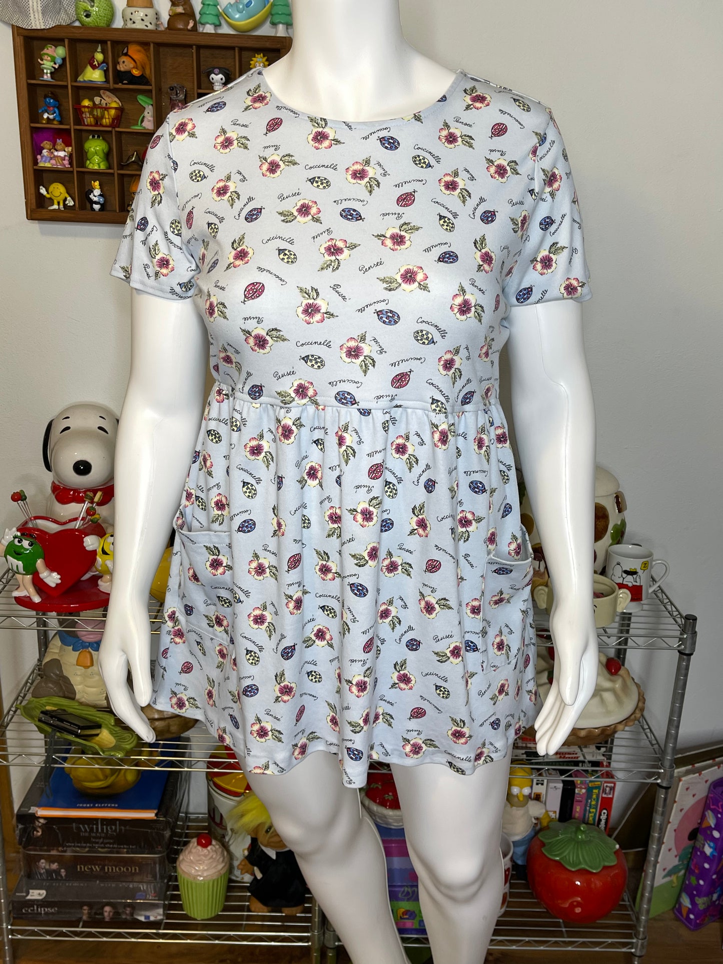 2000s Baby Blue Flower & Lady Bug Print Mini Dress Sz XL