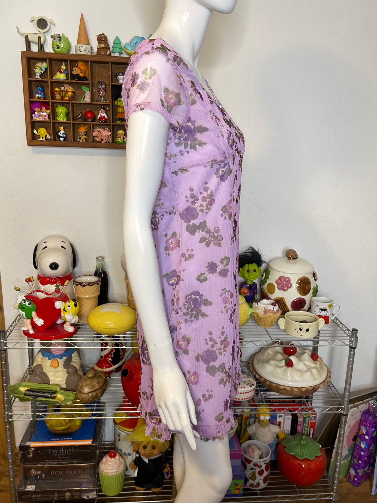 Vintage 90s Purple Flower Mirco Mesh Layered Mini Dress Sz S/M