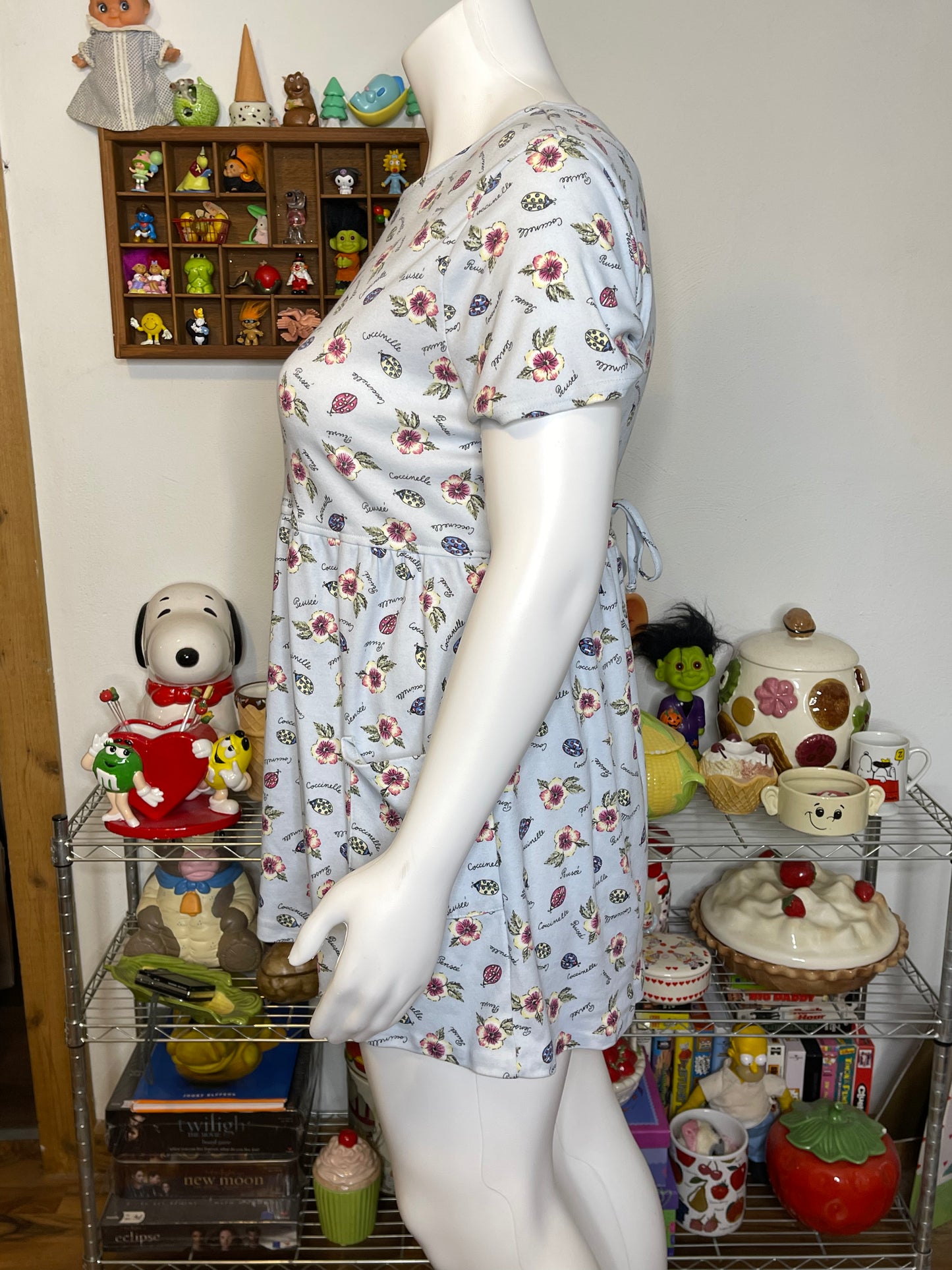 2000s Baby Blue Flower & Lady Bug Print Mini Dress Sz XL