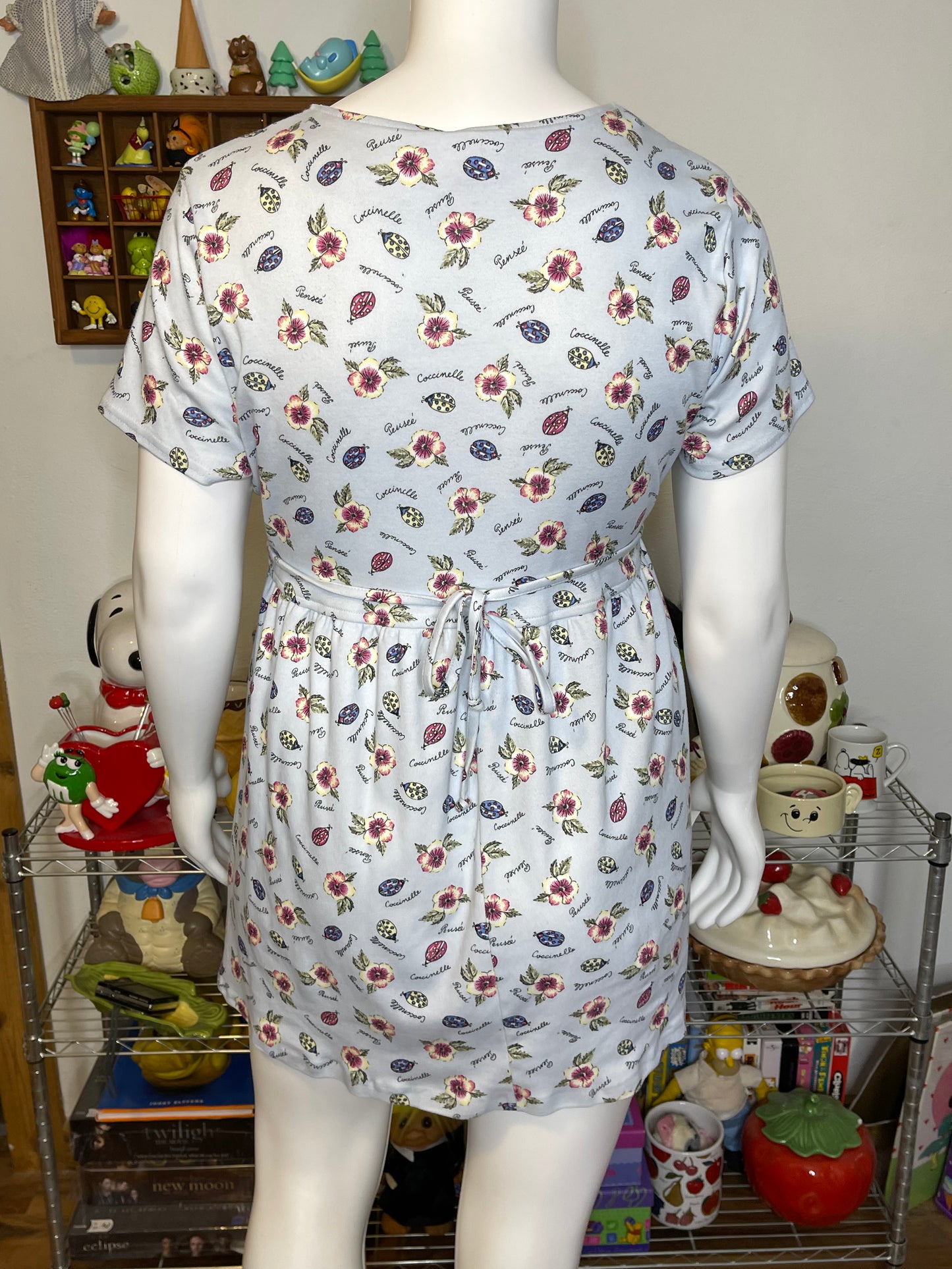 2000s Baby Blue Flower & Lady Bug Print Mini Dress Sz XL