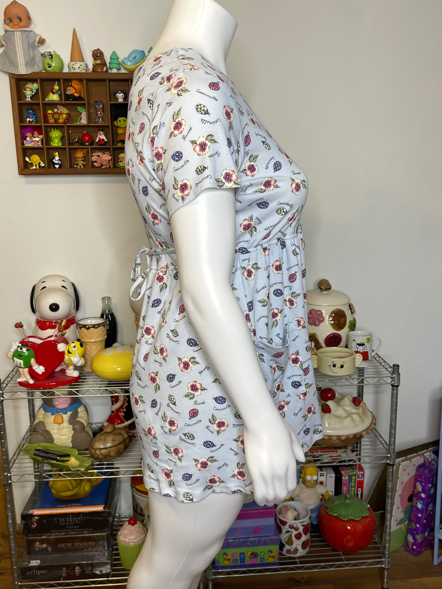 2000s Baby Blue Flower & Lady Bug Print Mini Dress Sz XL