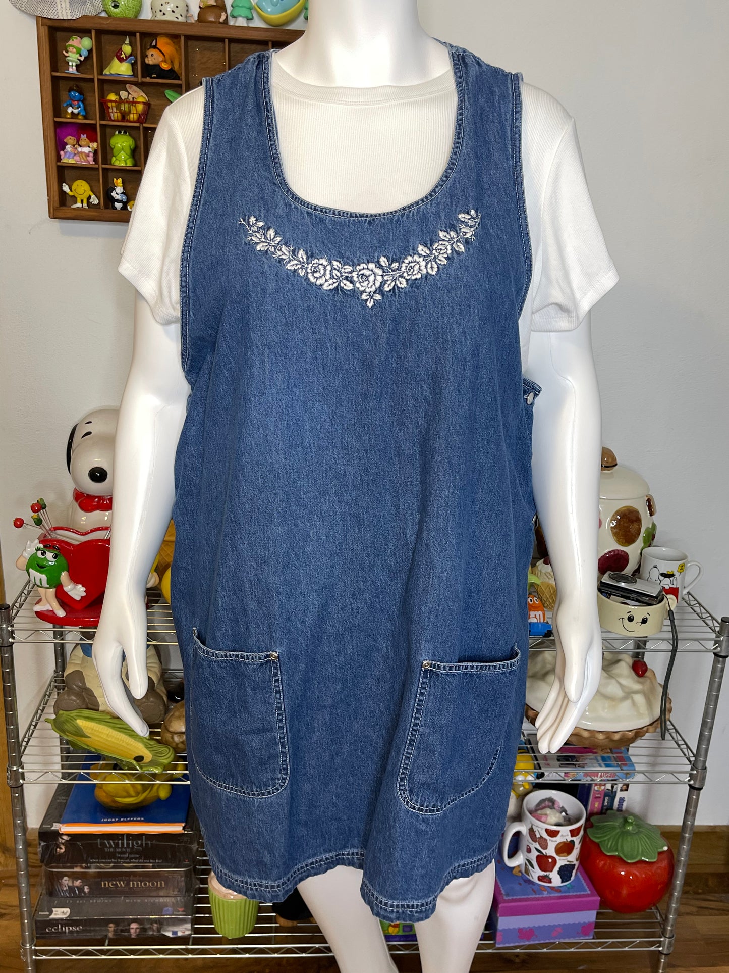 Vintage Plus Size Flower Embroidered Denim Overall Dress Sz 22W