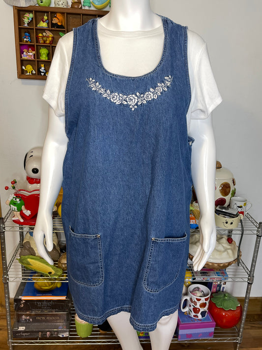 Vintage Plus Size Flower Embroidered Denim Overall Dress Sz 22W