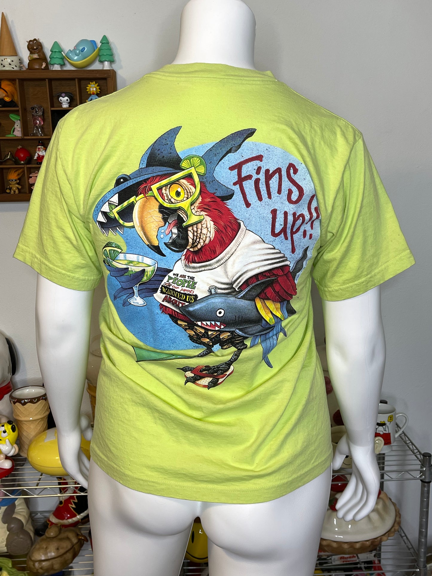 Vintage 90s Crazy Fins Up Parrot Green Graphic Tee Sz L