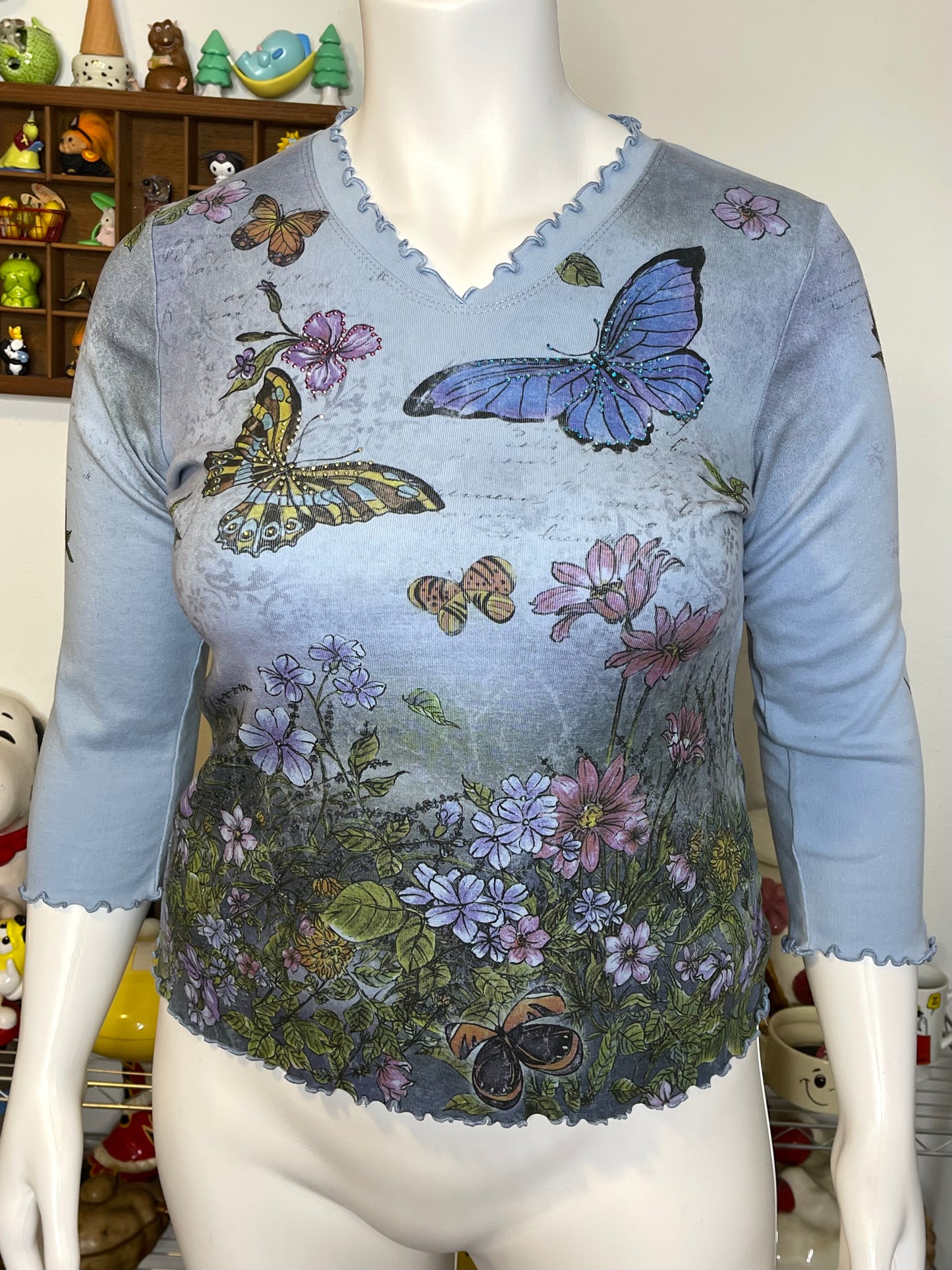 2000s Floral Spring Butterflies All over Print 3/4 Sleeve Top Sz L