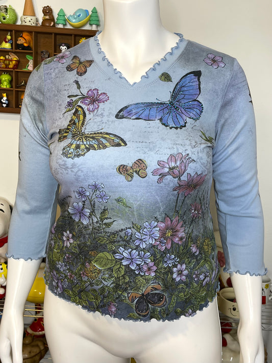 2000s Floral Spring Butterflies All over Print 3/4 Sleeve Top Sz L