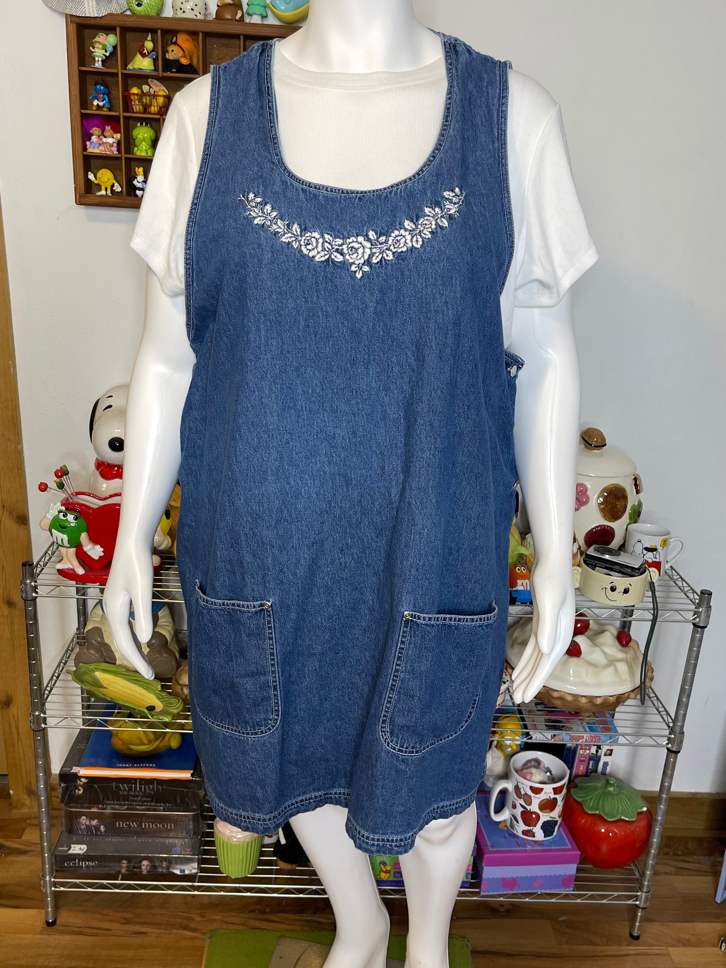 Vintage Plus Size Flower Embroidered Denim Overall Dress Sz 22W
