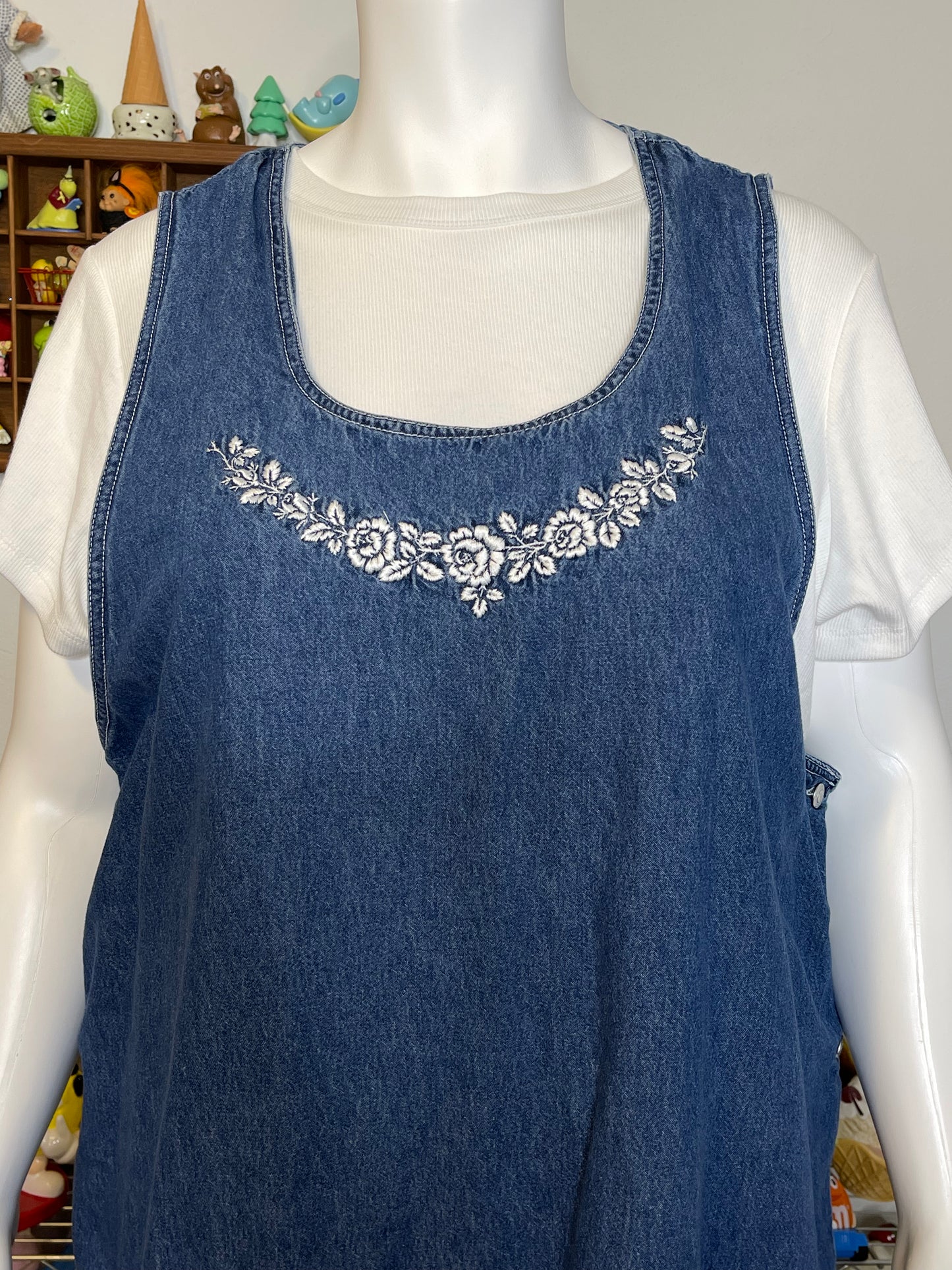 Vintage Plus Size Flower Embroidered Denim Overall Dress Sz 22W