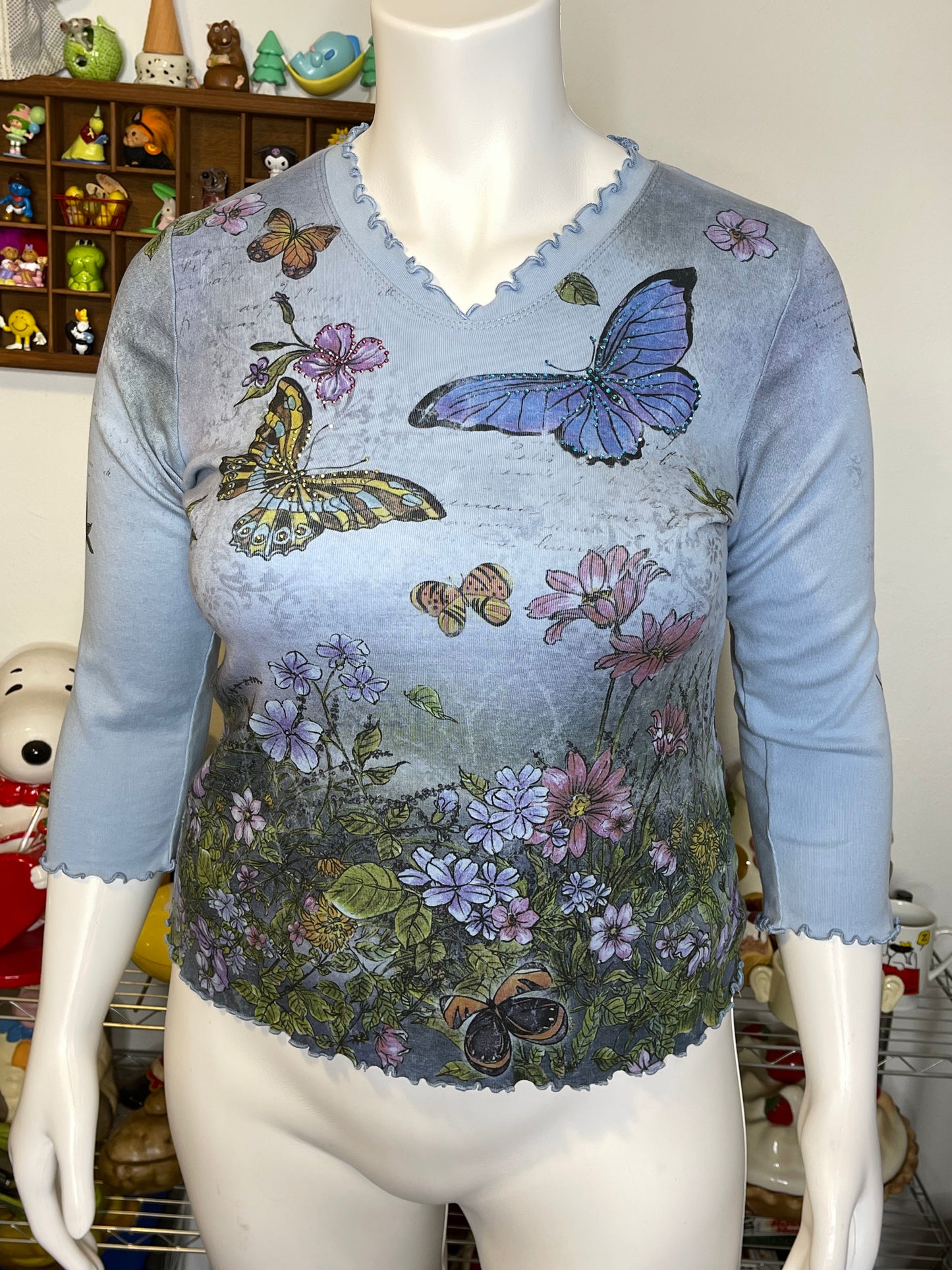 2000s Floral Spring Butterflies All over Print 3/4 Sleeve Top Sz L
