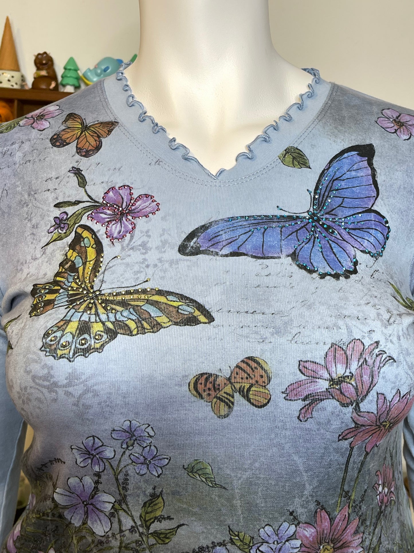 2000s Floral Spring Butterflies All over Print 3/4 Sleeve Top Sz L