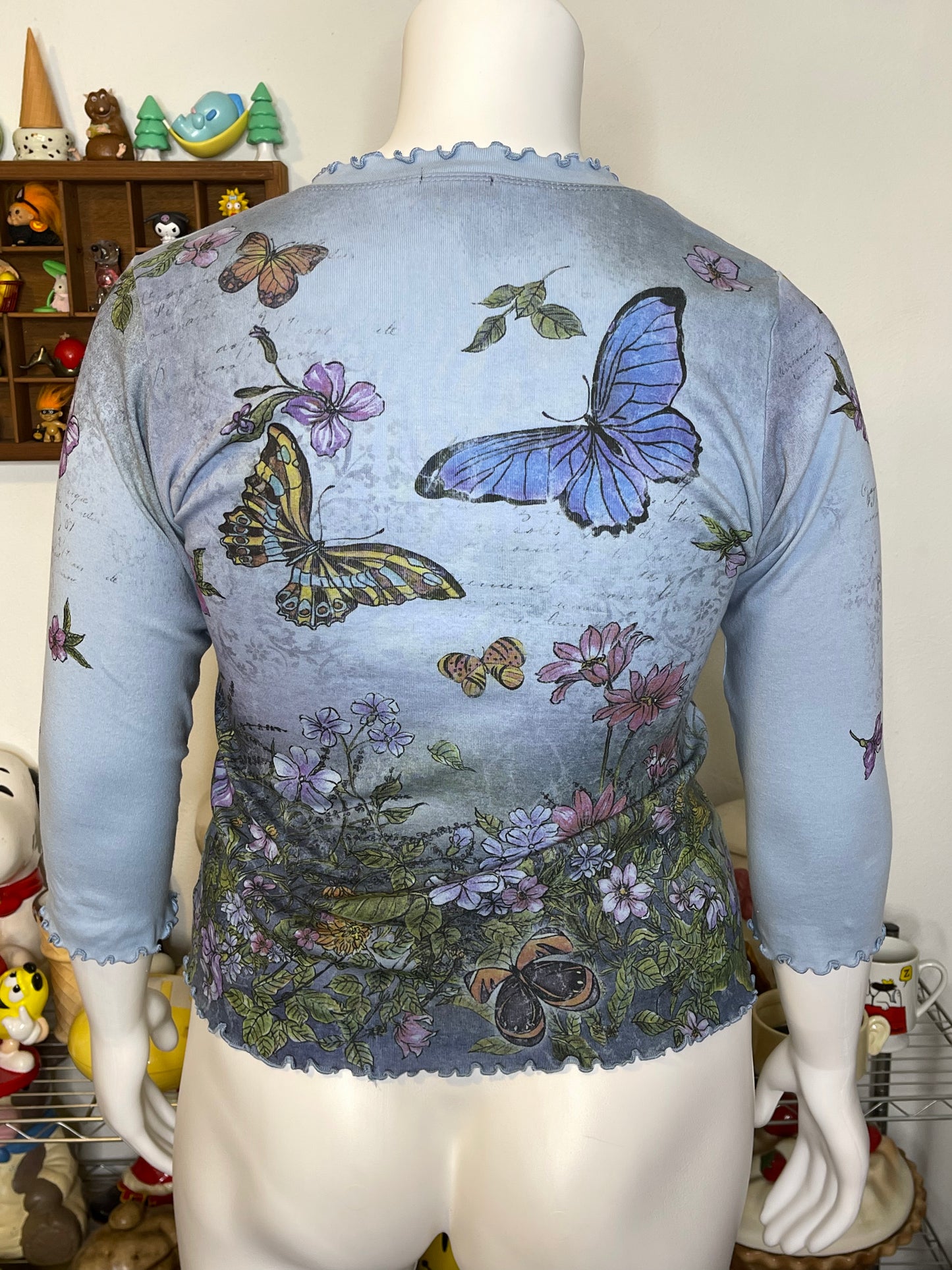2000s Floral Spring Butterflies All over Print 3/4 Sleeve Top Sz L