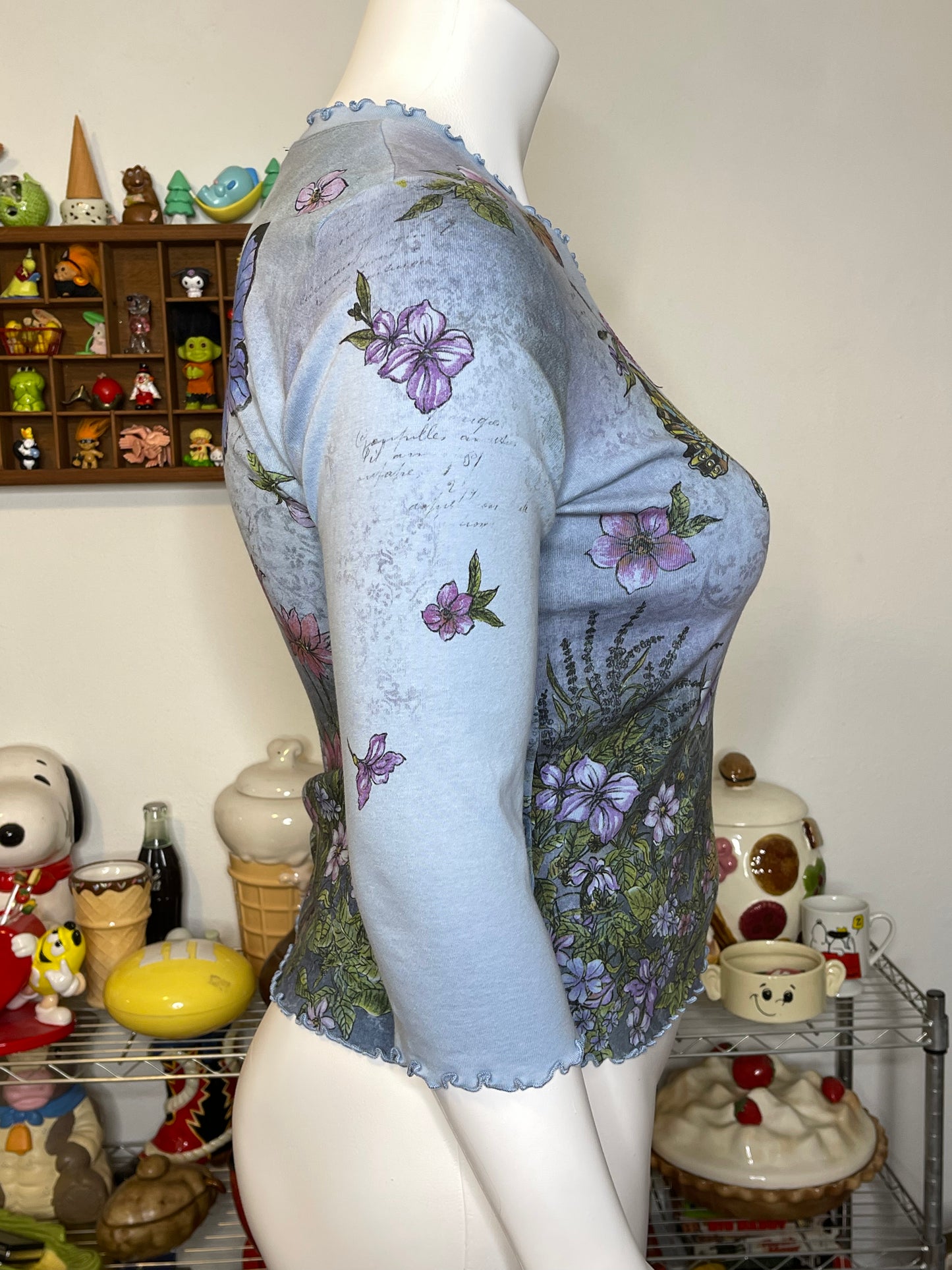 2000s Floral Spring Butterflies All over Print 3/4 Sleeve Top Sz L