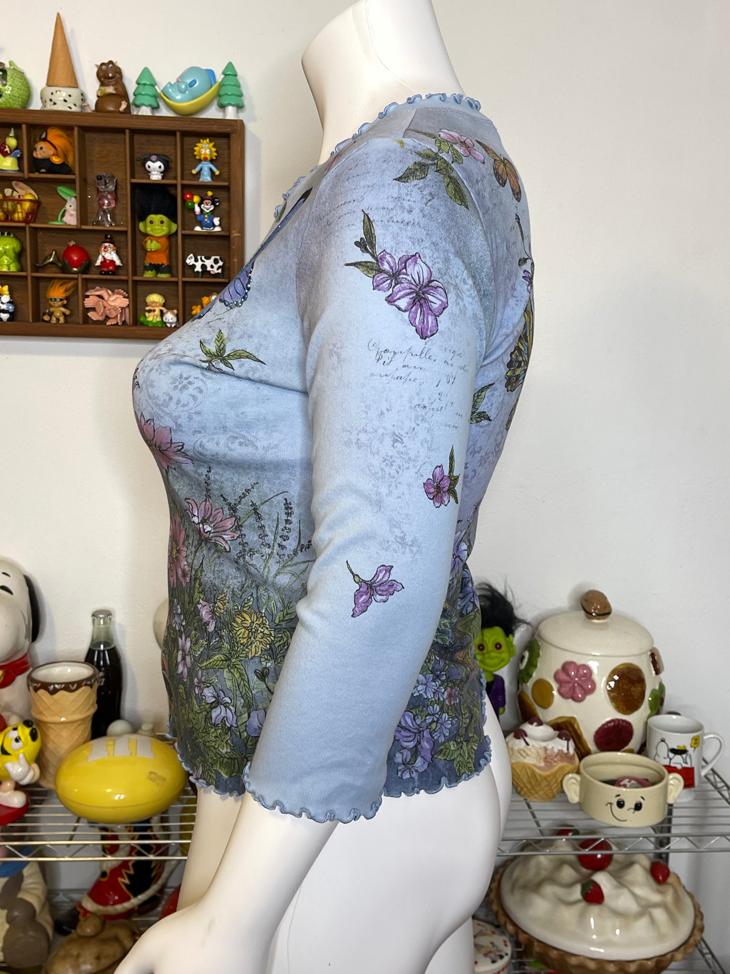 2000s Floral Spring Butterflies All over Print 3/4 Sleeve Top Sz L