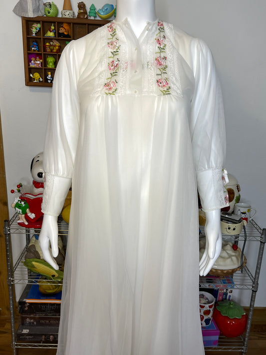 Vintage Dreamy Sheer Flower 2pc Nightgown Dress & Robe Set Sz M/L