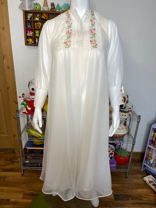 Vintage Dreamy Sheer Flower 2pc Nightgown Dress & Robe Set Sz M/L