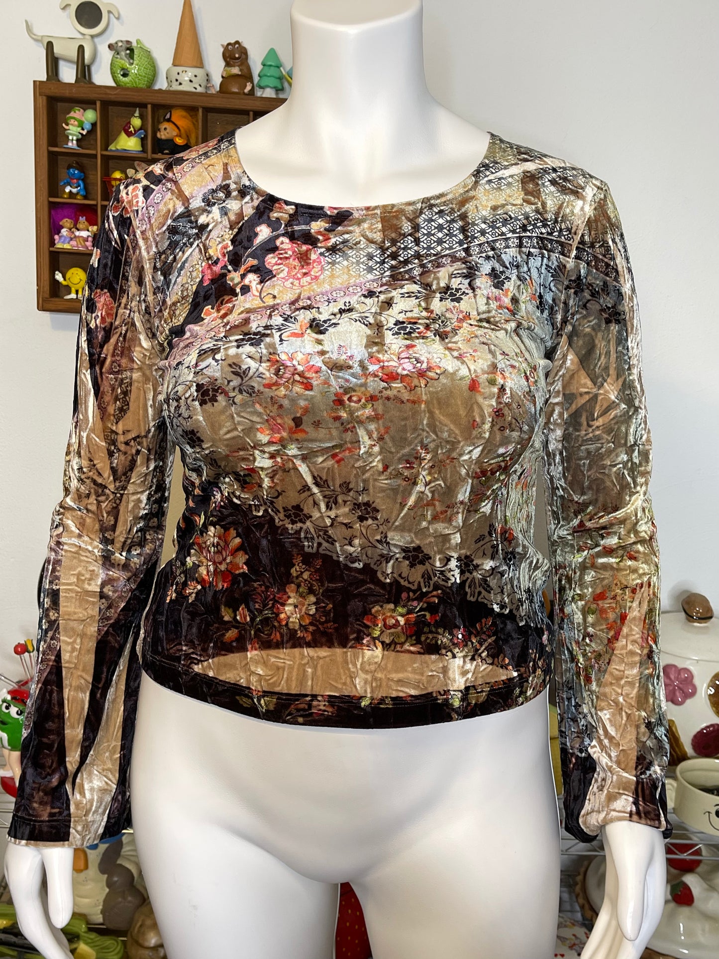 Vintage Crushed Velvet Floral Wide Sleeve Top Sz L