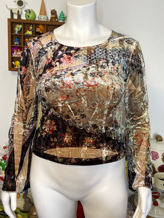 Vintage Crushed Velvet Floral Wide Sleeve Top Sz L
