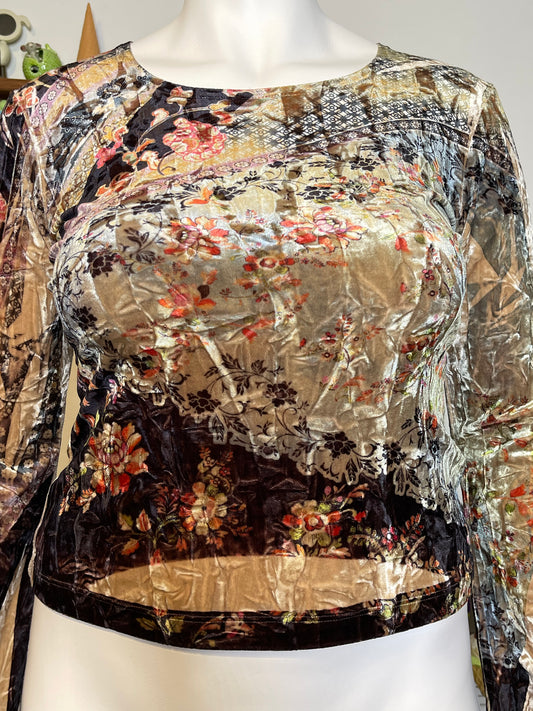 Vintage Crushed Velvet Floral Wide Sleeve Top Sz L