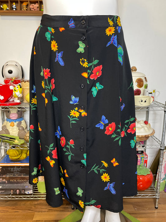 Vintage Black Butterfly Floral Print Maxi Skirt Sz XL