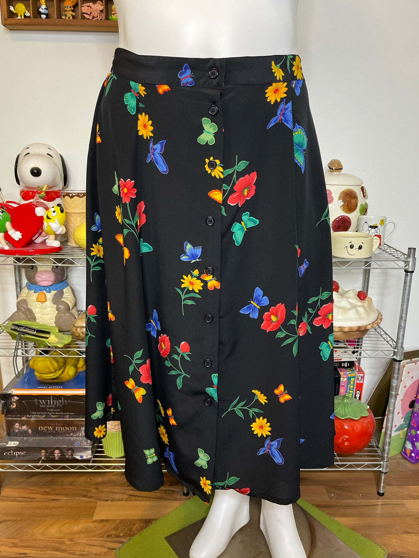 Vintage Black Butterfly Floral Print Maxi Skirt Sz XL
