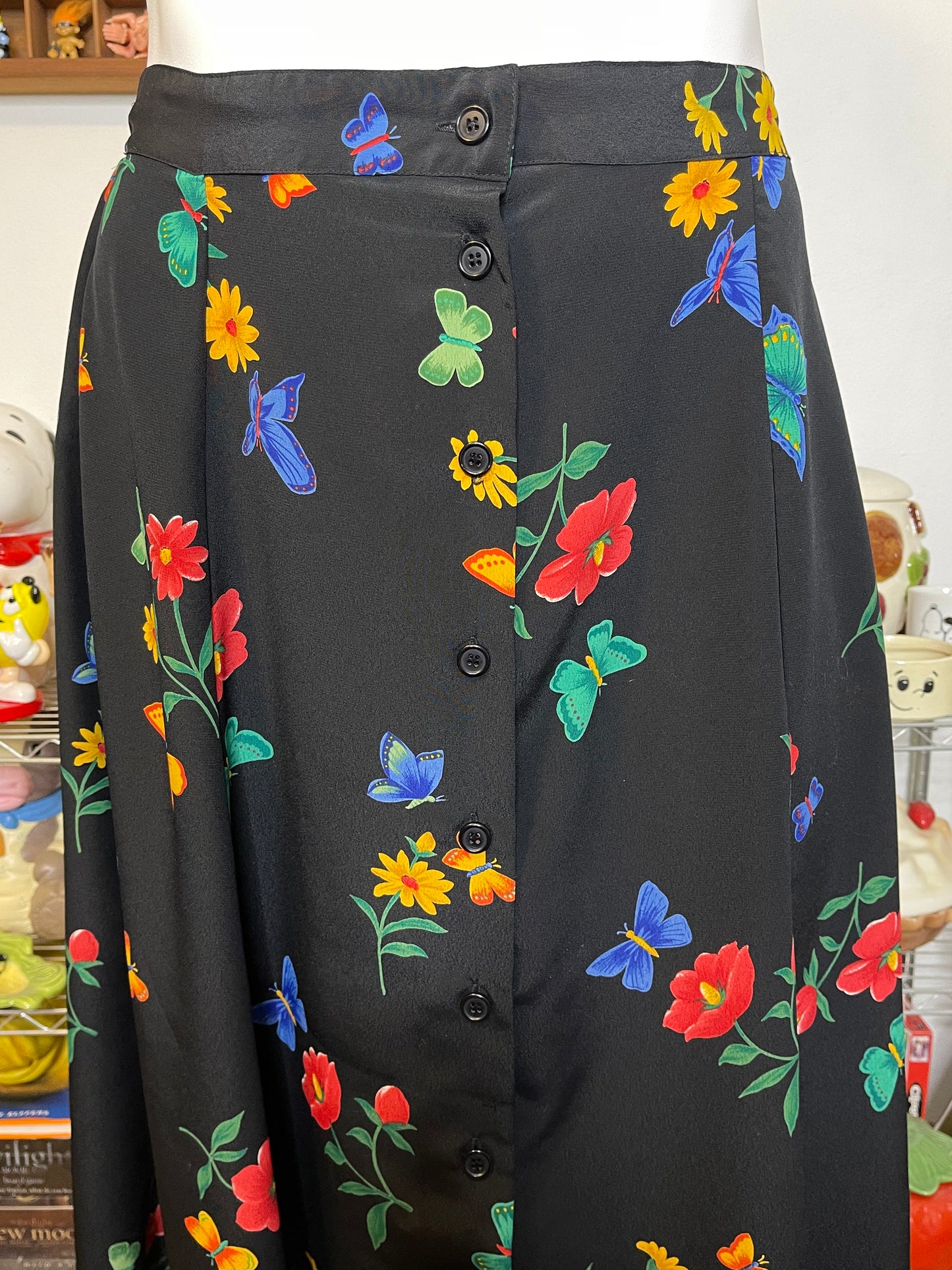 Vintage Black Butterfly Floral Print Maxi Skirt Sz XL