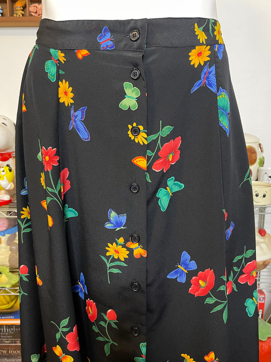 Vintage Black Butterfly Floral Print Maxi Skirt Sz XL