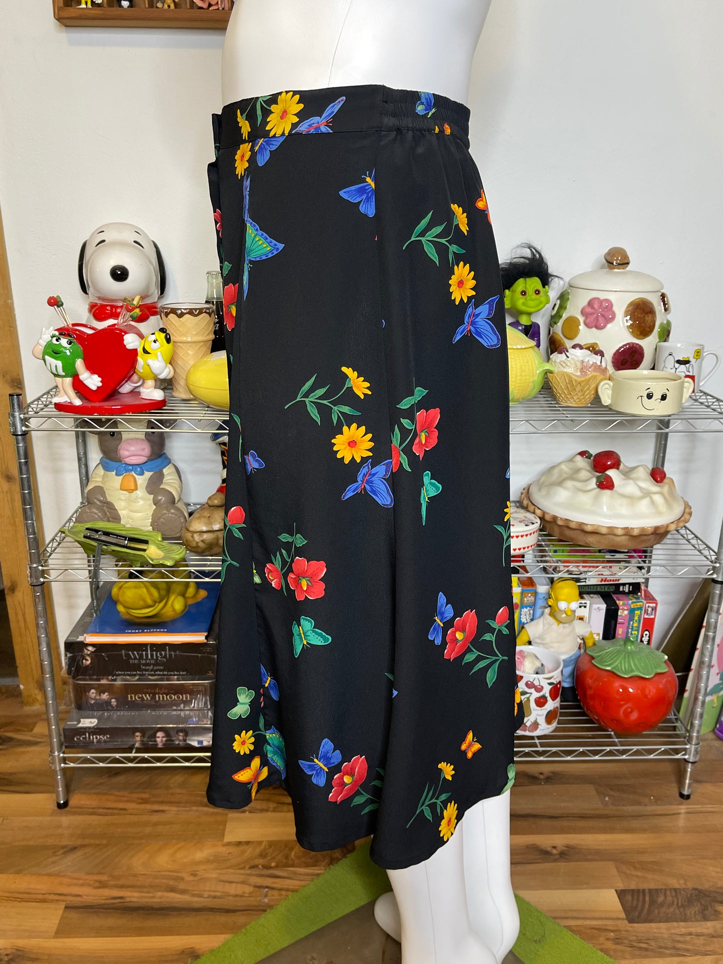 Vintage Black Butterfly Floral Print Maxi Skirt Sz XL