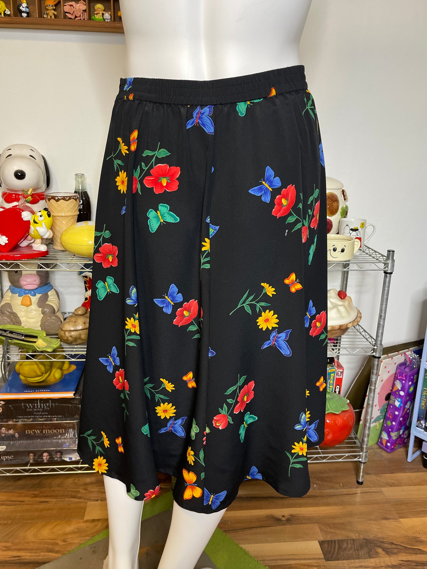 Vintage Black Butterfly Floral Print Maxi Skirt Sz XL