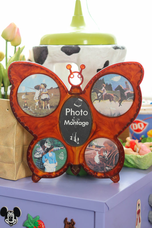 Vintage 70s 80s Tortoise Shell Butterfly Shaped Multi-Photo Picture Frame