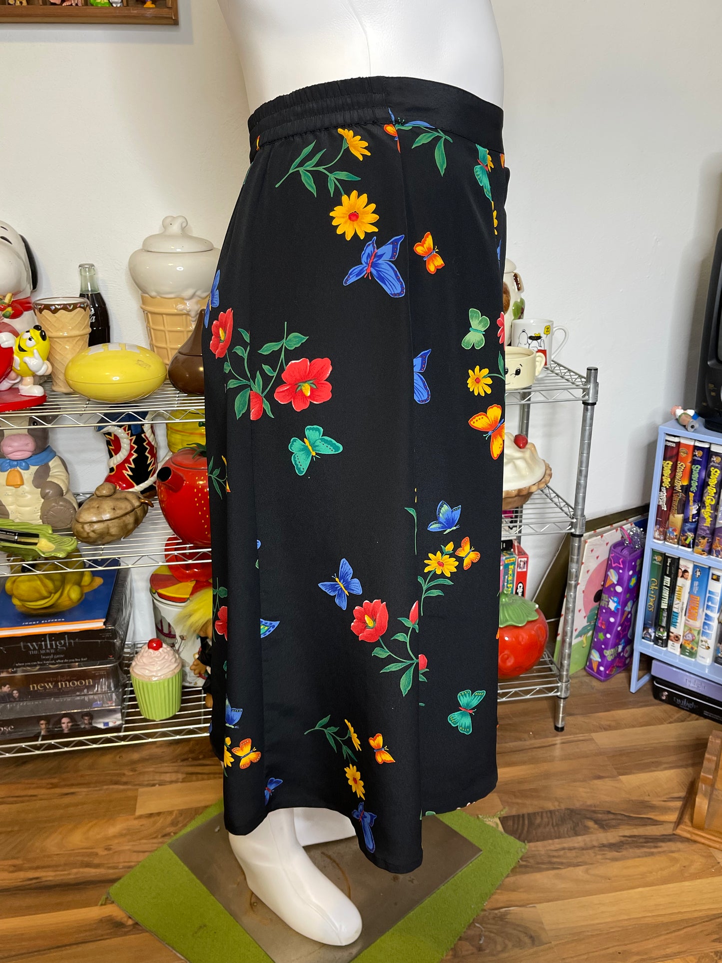 Vintage Black Butterfly Floral Print Maxi Skirt Sz XL