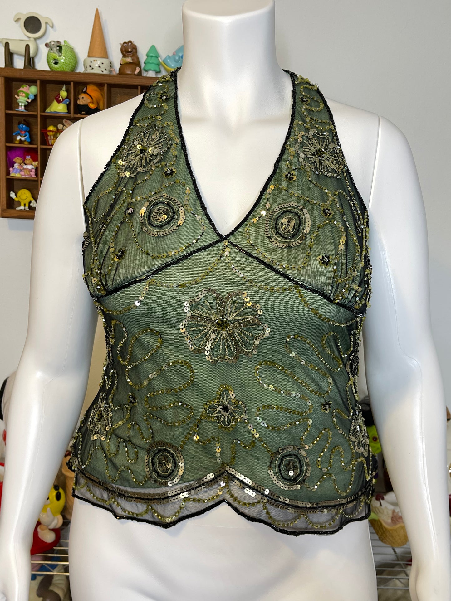 Vintage 2000s Green Beaded & Sequin Mesh Halter Top Sz L